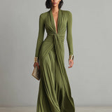 Vittoria - Abito Maxi in Seta Oliva con Profondo Scollo a V