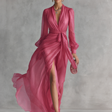 Noemi - Abito Lungo in Chiffon con Perline e Scollo a V