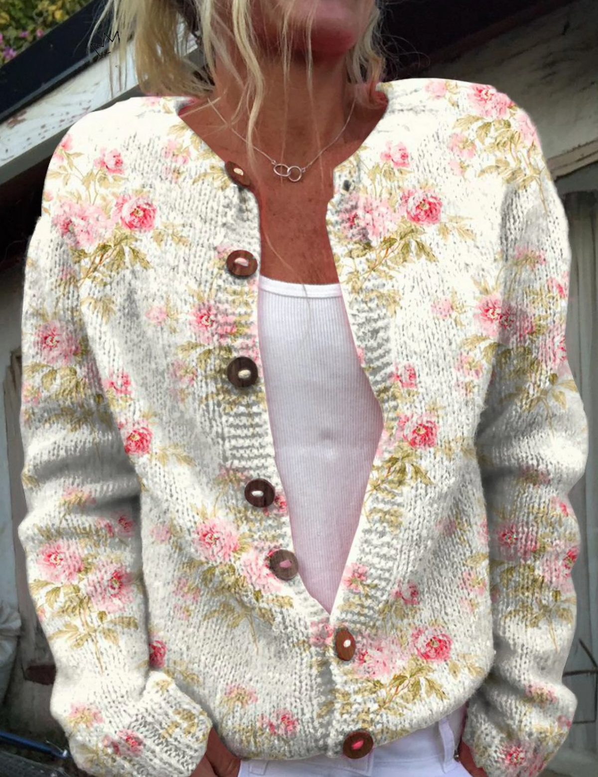 Cardigan Color Crema con Fiori Rosa - Petra di Amora Moda