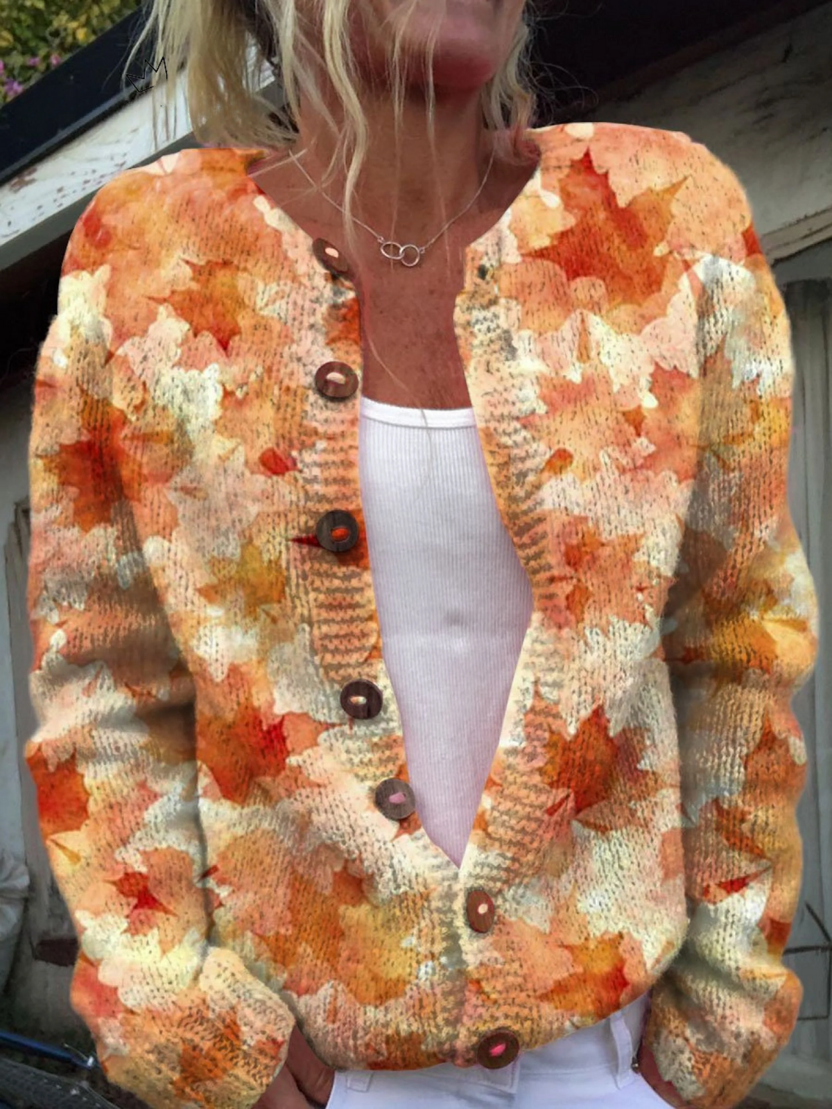 Cardigan con Motivo Autunnale di Foglie - Andrea di Amora Moda