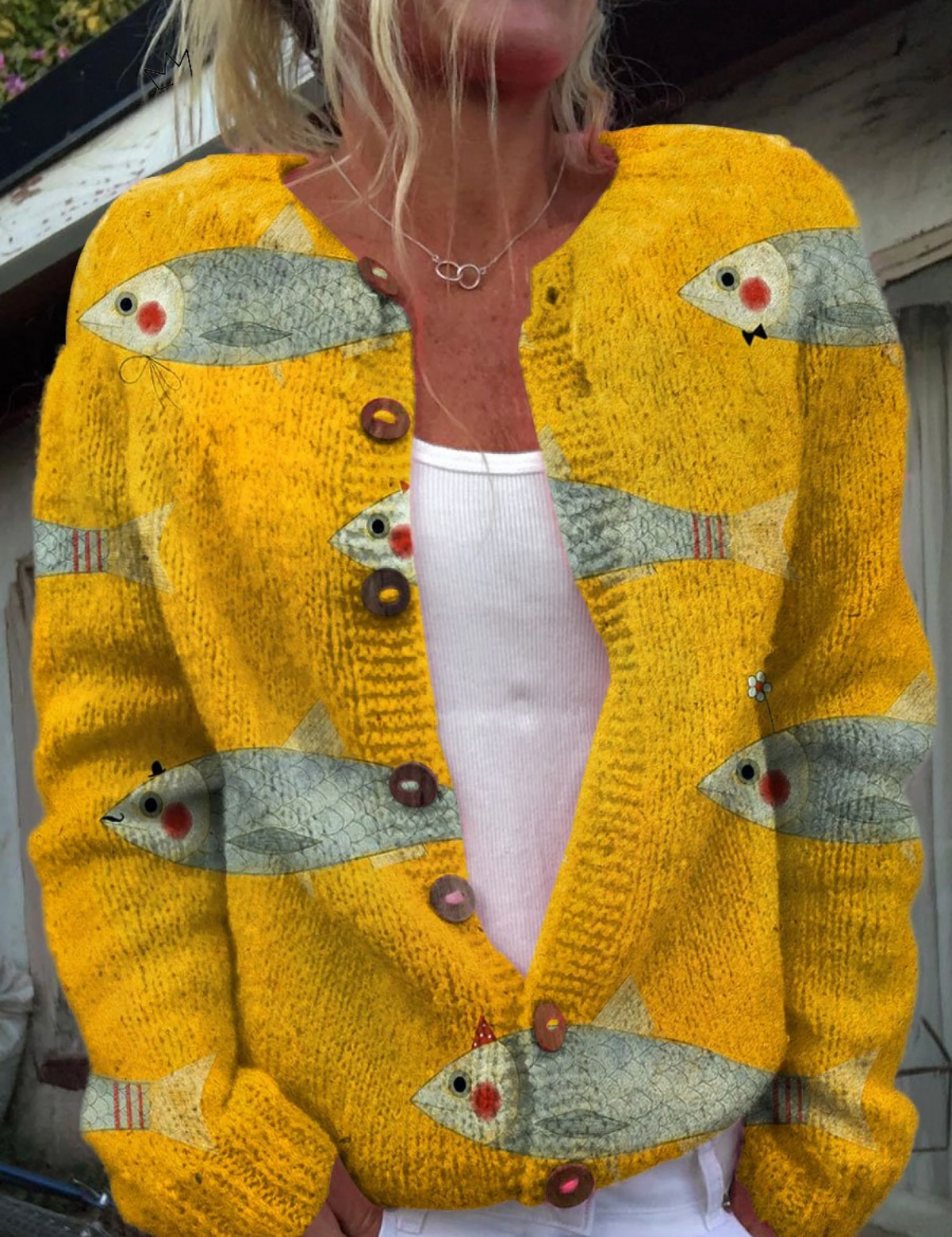 Cardigan Giallo con Motivo di Pesce - Flaminia di Amora Moda