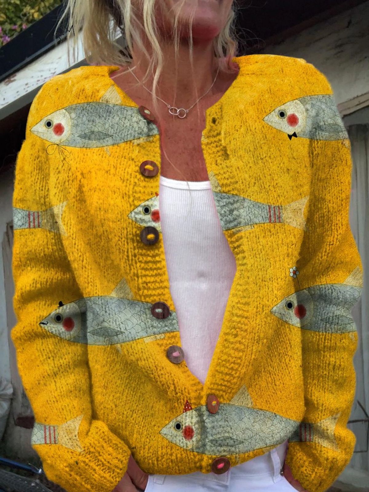 Cardigan Giallo con Motivo di Pesce - Flaminia di Amora Moda