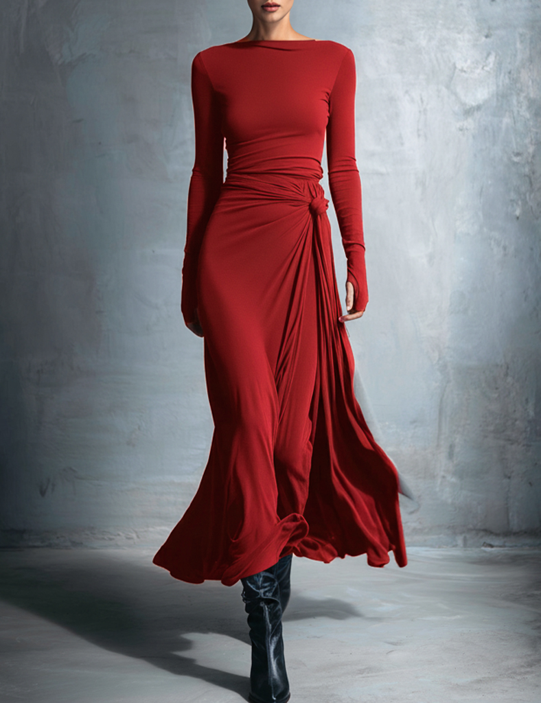 Abito Lungo con Nodo Laterale in borgogna - Gabriella di Amora Moda, foto 2