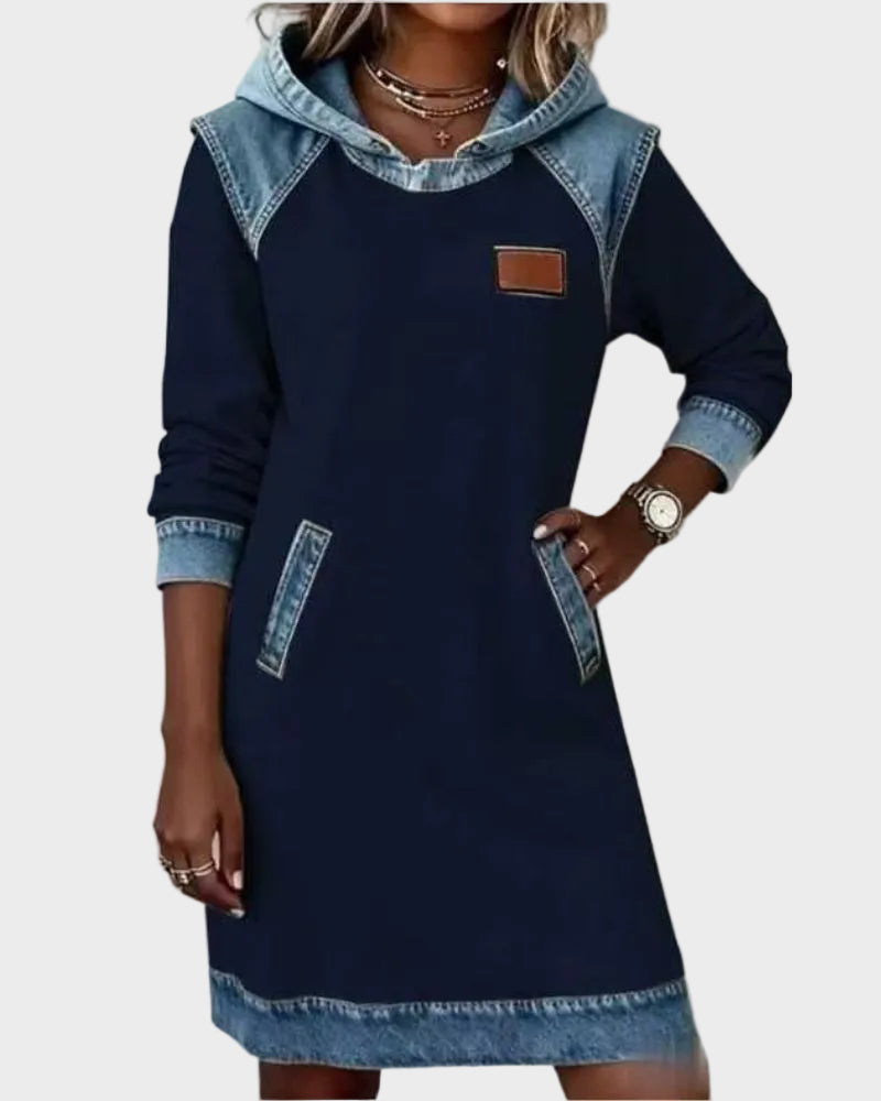 Abito Felpa con Cappuccio Effetto Denim in blu - Irene di Amora Moda, foto 3