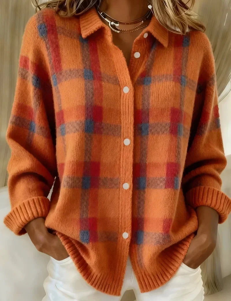 Cardigan a Quadri con Bottoni in arancione - Monica di Amora Moda