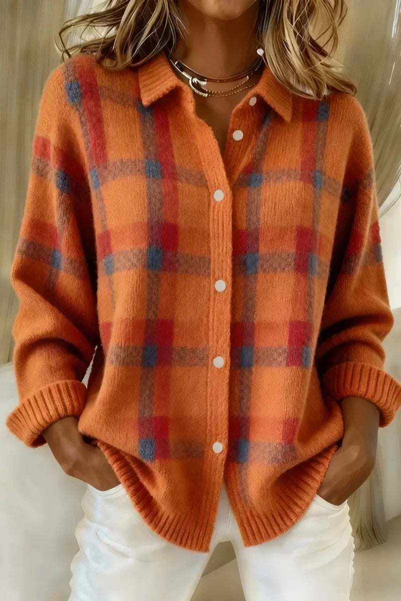 Cardigan a Quadri con Bottoni in arancione - Monica di Amora Moda