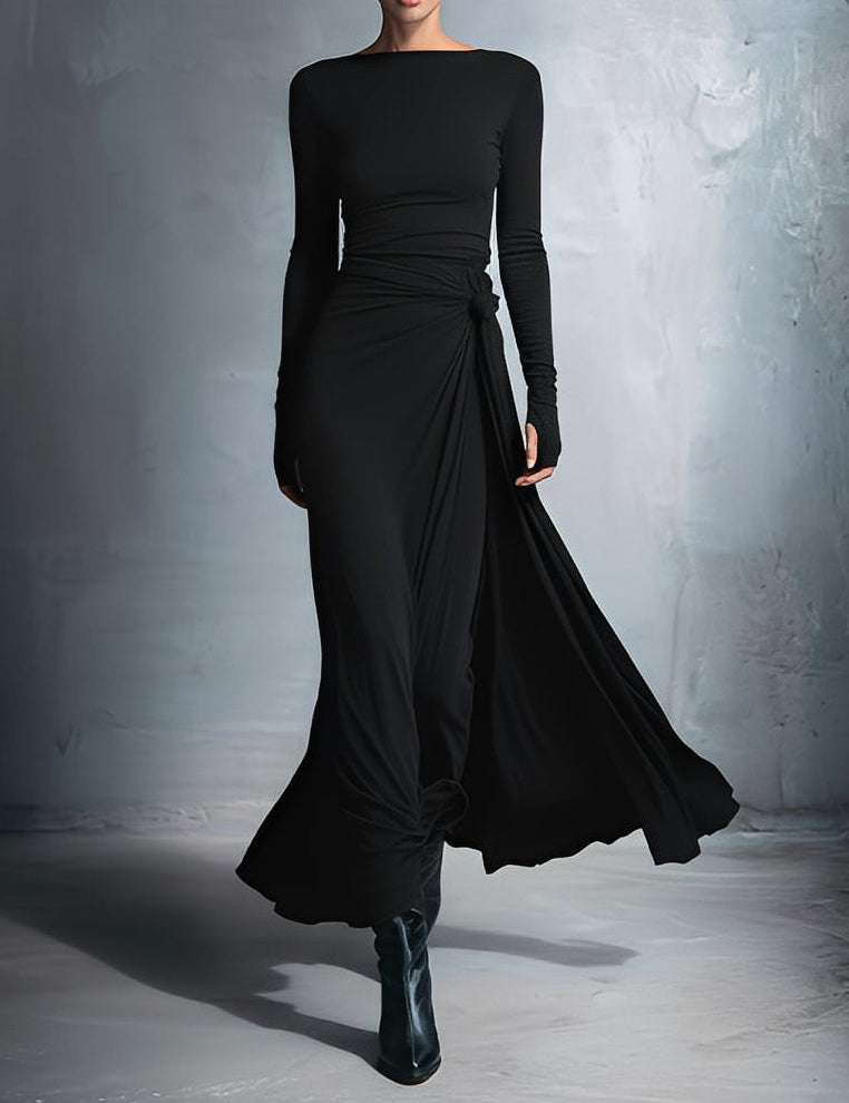 Abito Lungo con Nodo Laterale in nero - Gabriella di Amora Moda, foto 4