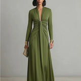 Vittoria - Abito Maxi in Seta Oliva con Profondo Scollo a V