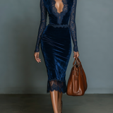 Beatrice - Abito Midi in Velluto Blu Notte con Scollo a V e Pizzo