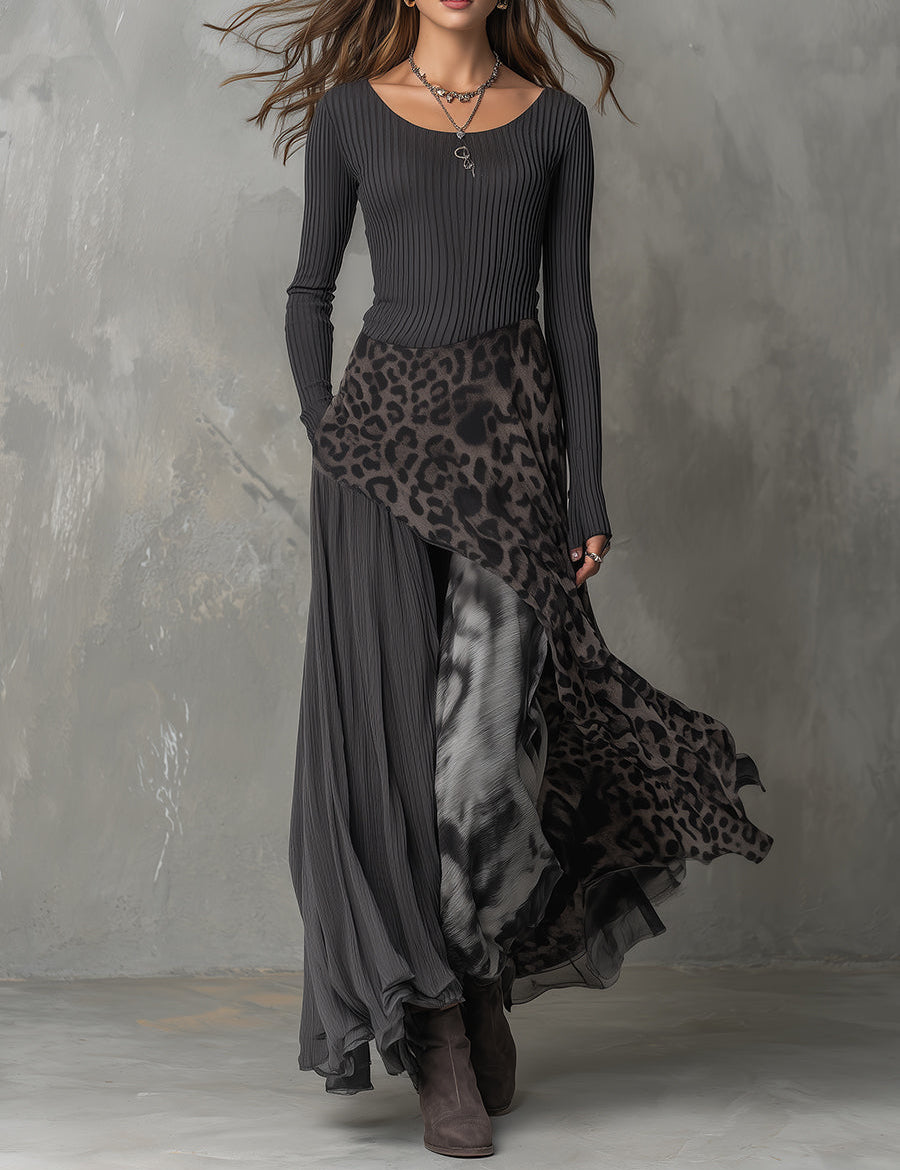 Abito Lungo con Stampa Leopardata in grigio - Martina di Amora Moda