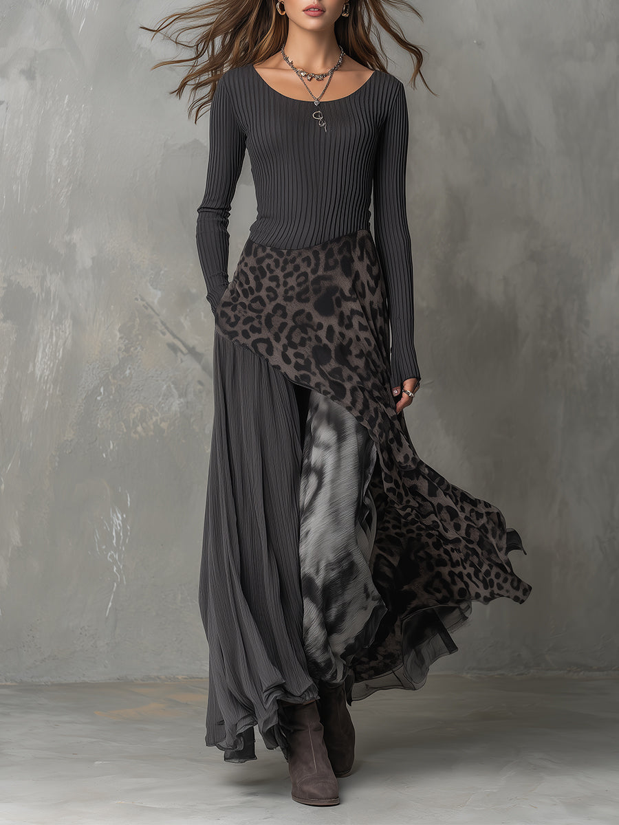 Abito Lungo con Stampa Leopardata in grigio - Martina di Amora Moda