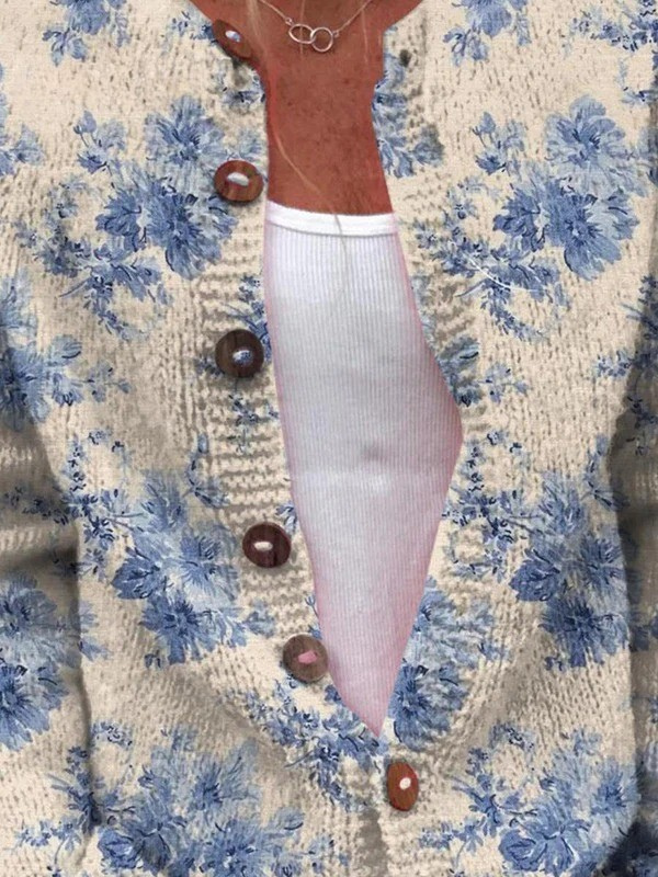 Cardigan Color Crema con Fiori Blu - Asia di Amora Moda, foto 2