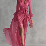 Noemi - Abito Lungo in Chiffon con Perline e Scollo a V