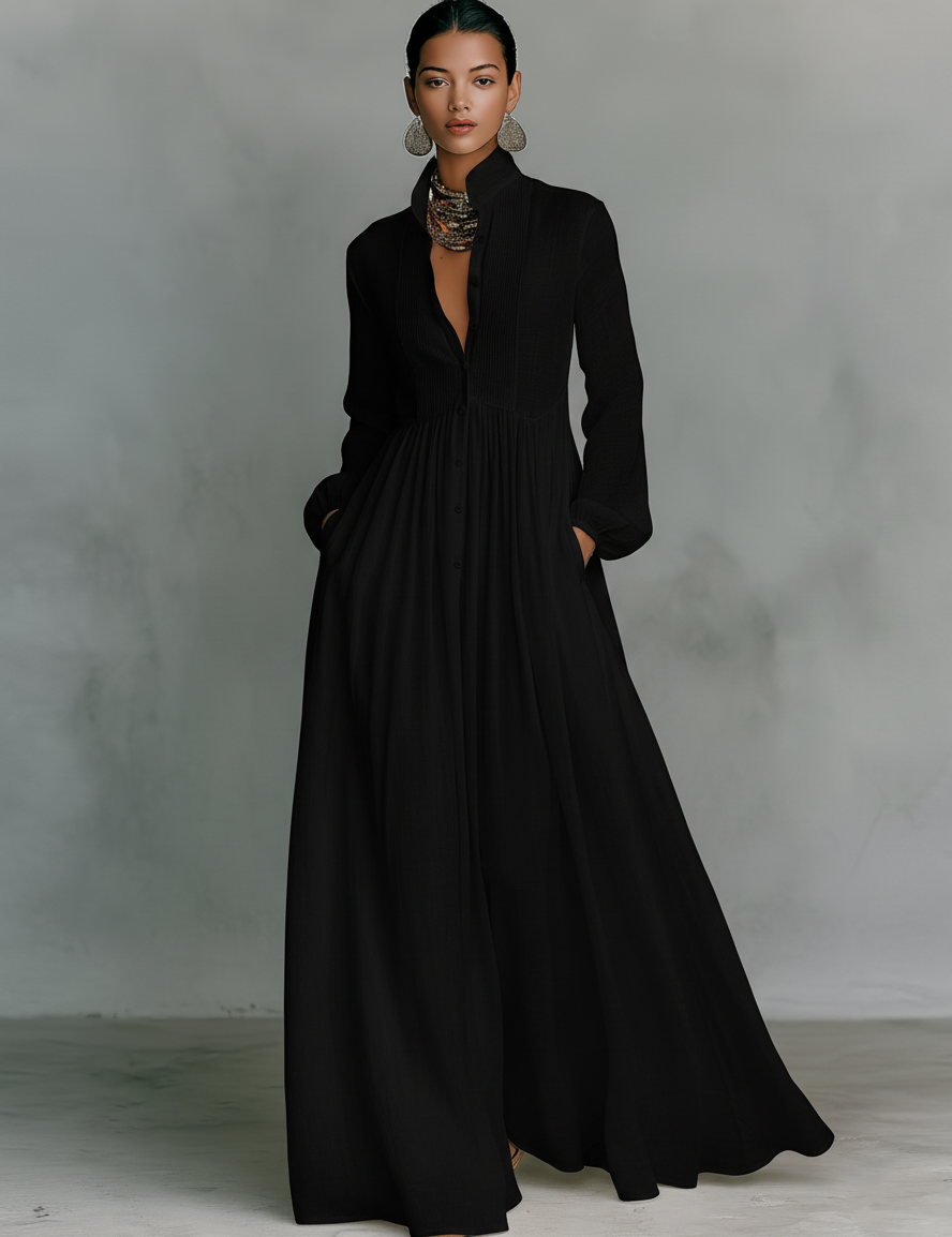 Marta - Abito Maxi in Lino con Dettagli Patchwork e Collo Alto