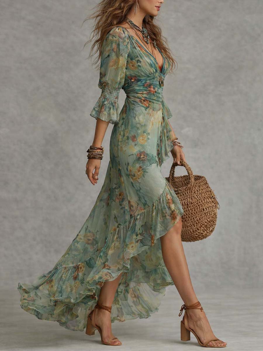 Abito Maxi Floreale con Orlo Asimmetrico - Aurora di Amora Moda, foto 2