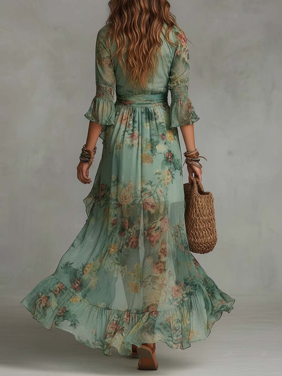 Abito Maxi Floreale con Orlo Asimmetrico - Aurora di Amora Moda, foto 3