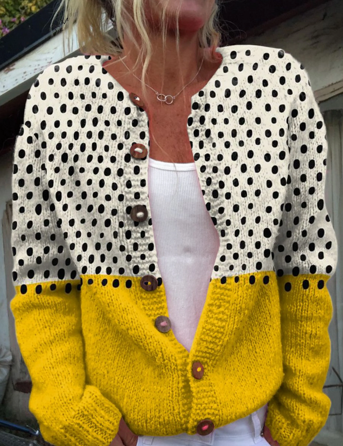 Cardigan con Pois in Crema e Giallo - Giuditta di Amora Moda