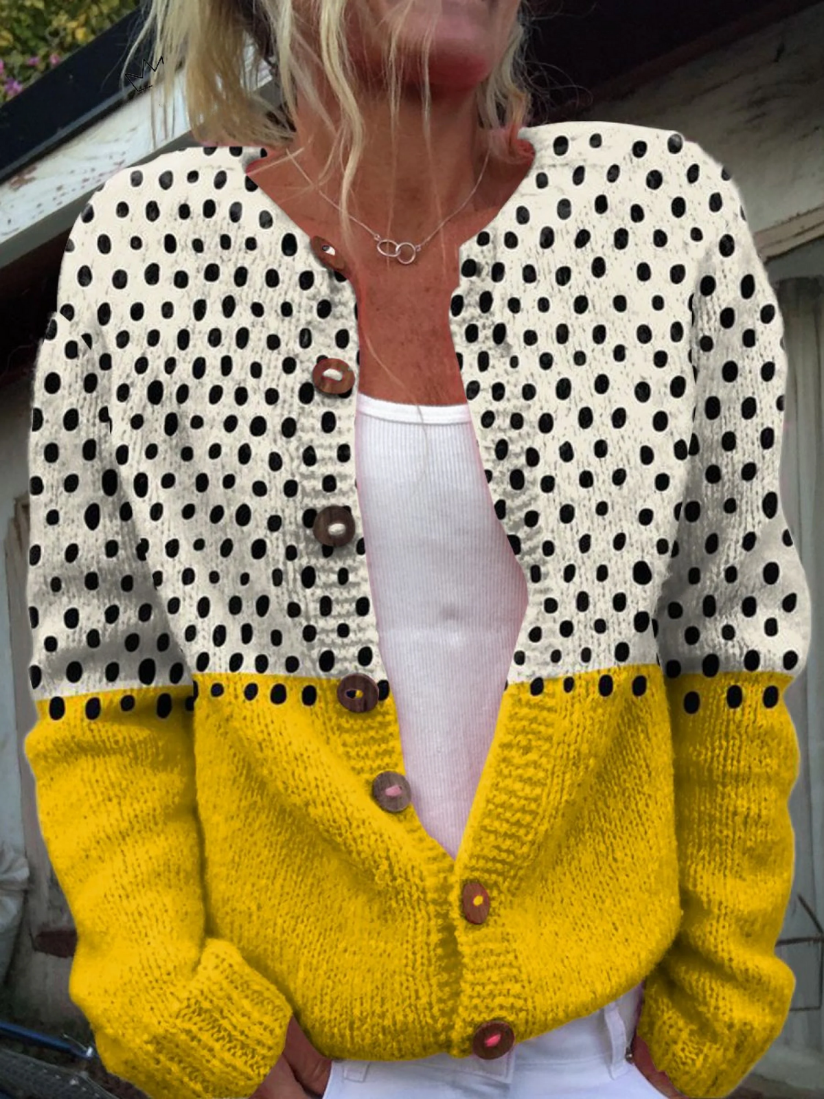 Cardigan con Pois in Crema e Giallo - Giuditta di Amora Moda