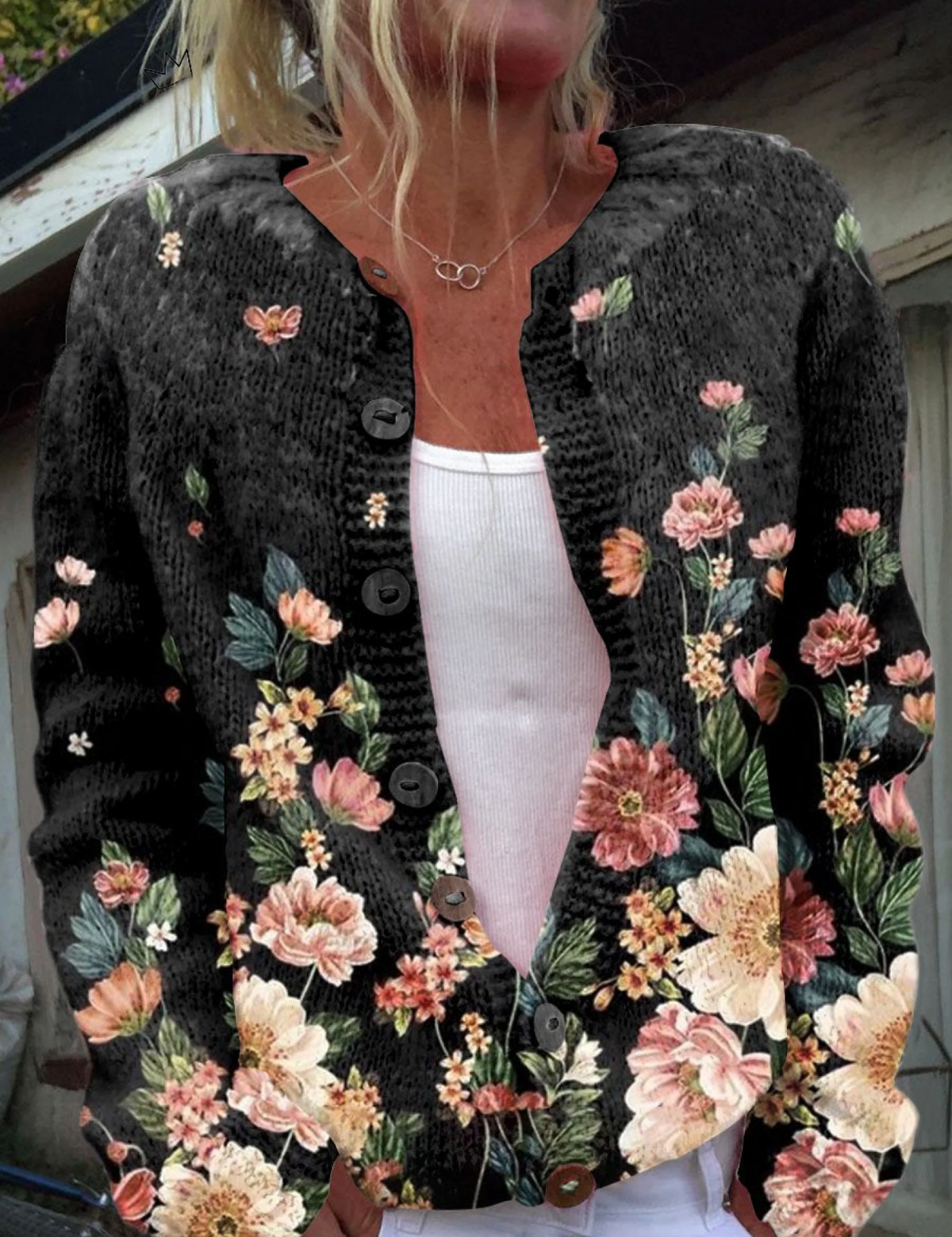 Cardigan Nero con Motivo Floreale - Orsola di Amora Moda