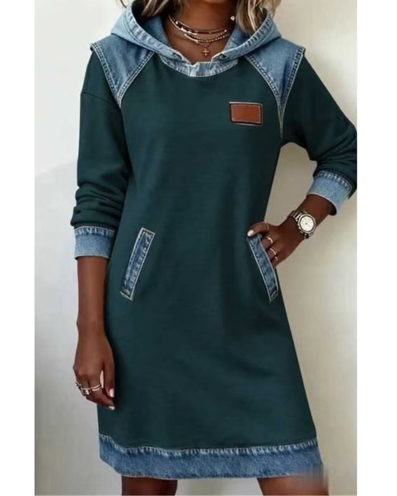 Abito Felpa con Cappuccio Effetto Denim in verde - Irene di Amora Moda, foto 5