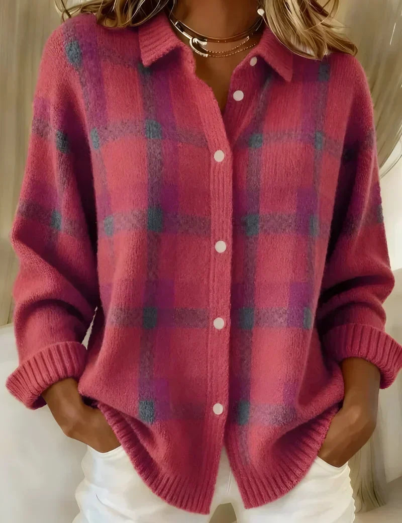 Cardigan a Quadri Classico con Colletto in rosa - Isotta di Amora Moda