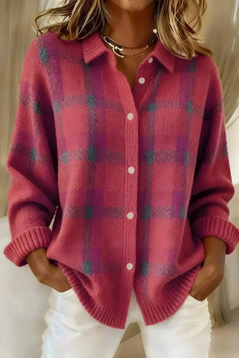 Cardigan a Quadri Classico con Colletto in rosa - Isotta di Amora Moda