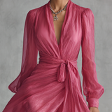 Noemi - Abito Lungo in Chiffon con Perline e Scollo a V