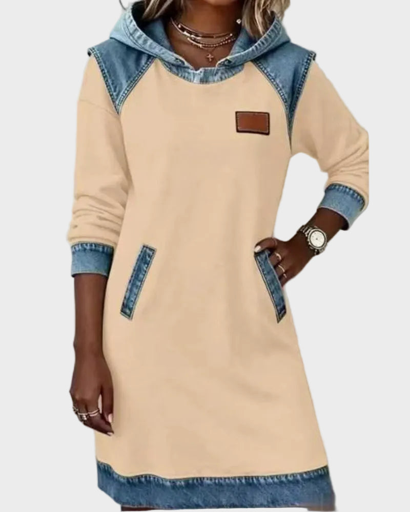 Abito Felpa con Cappuccio Effetto Denim in beige - Irene di Amora Moda, foto 4