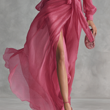 Noemi - Abito Lungo in Chiffon con Perline e Scollo a V