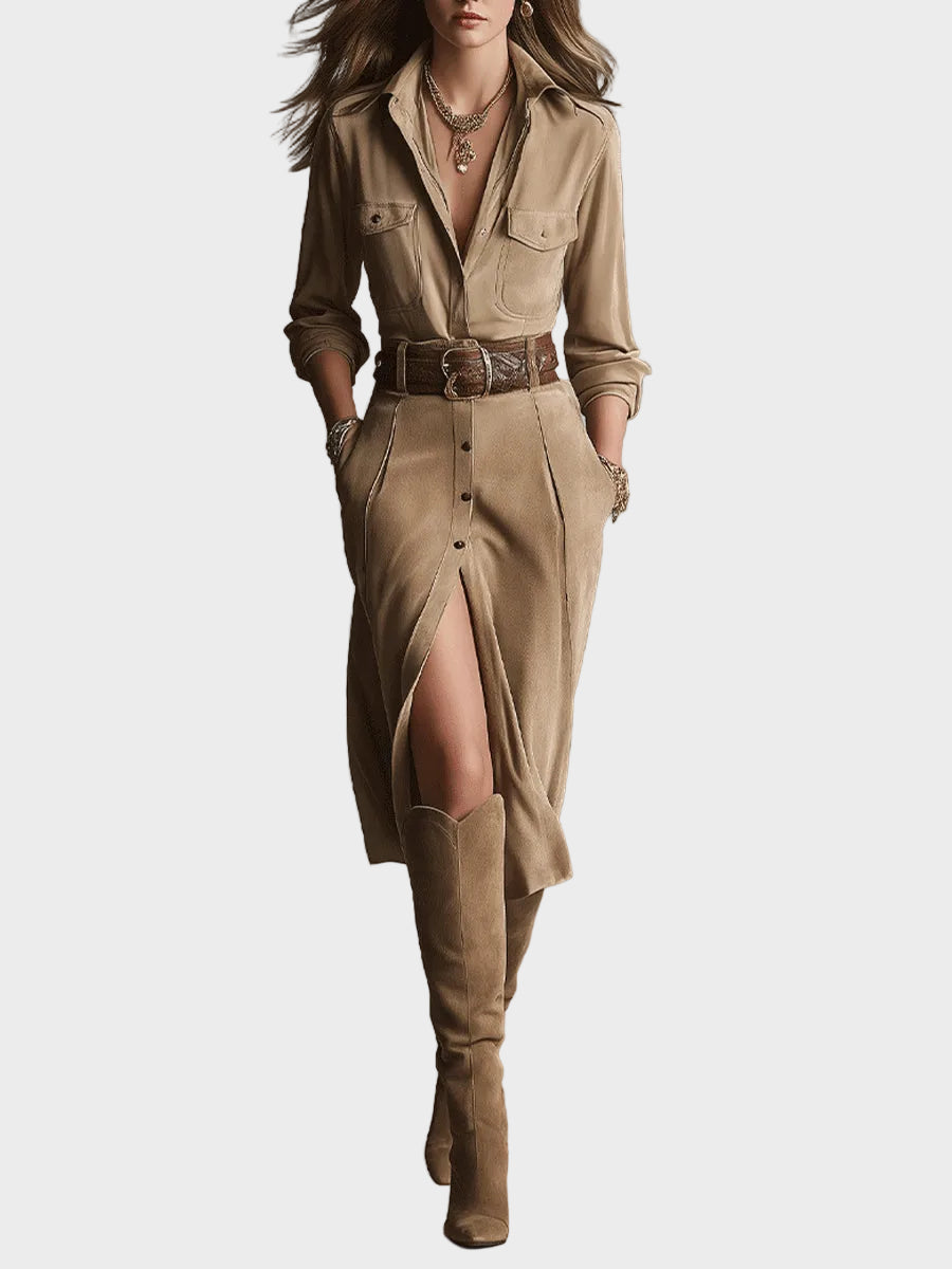 Abito Midi in Camoscio Marrone - Bruna di Amora Moda, foto 2