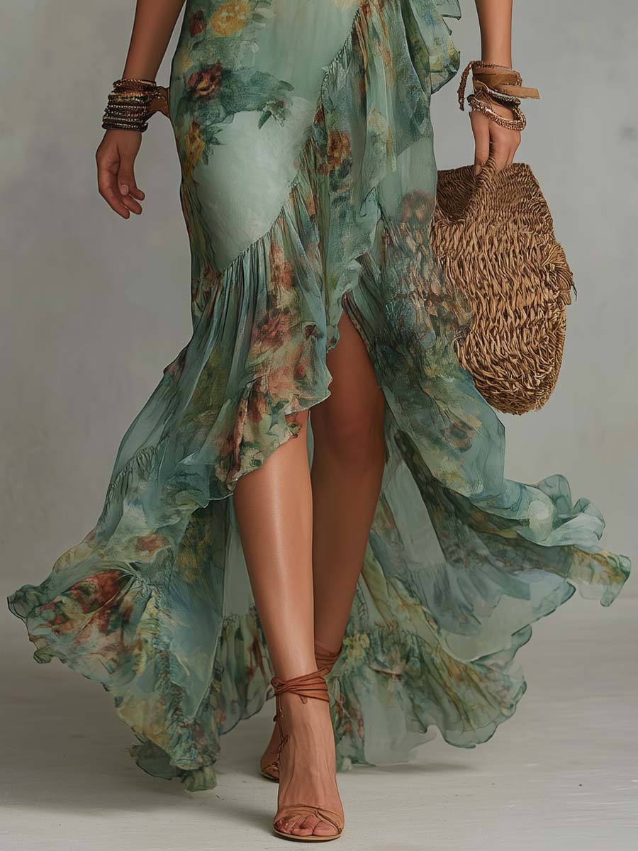 Abito Maxi Floreale con Orlo Asimmetrico - Aurora di Amora Moda, foto 4