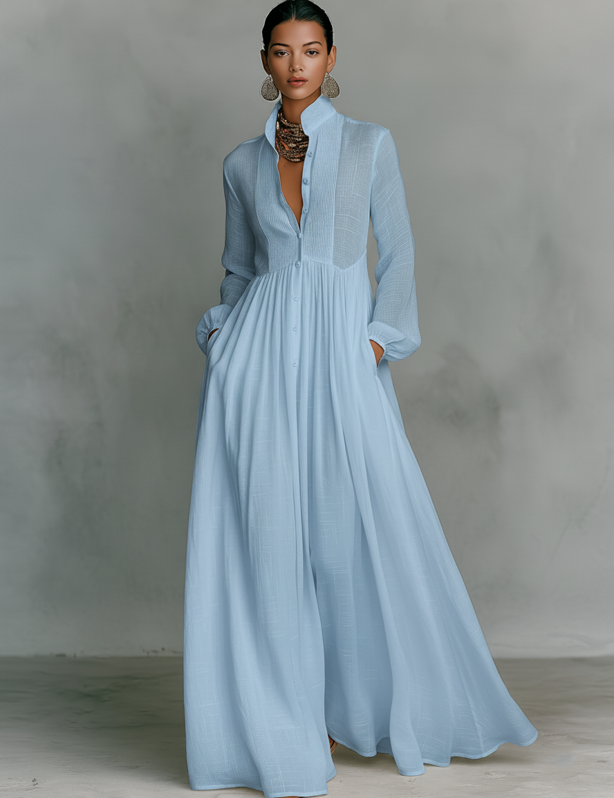 Marta - Abito Maxi in Lino con Dettagli Patchwork e Collo Alto