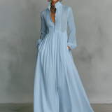 Marta - Abito Maxi in Lino con Dettagli Patchwork e Collo Alto