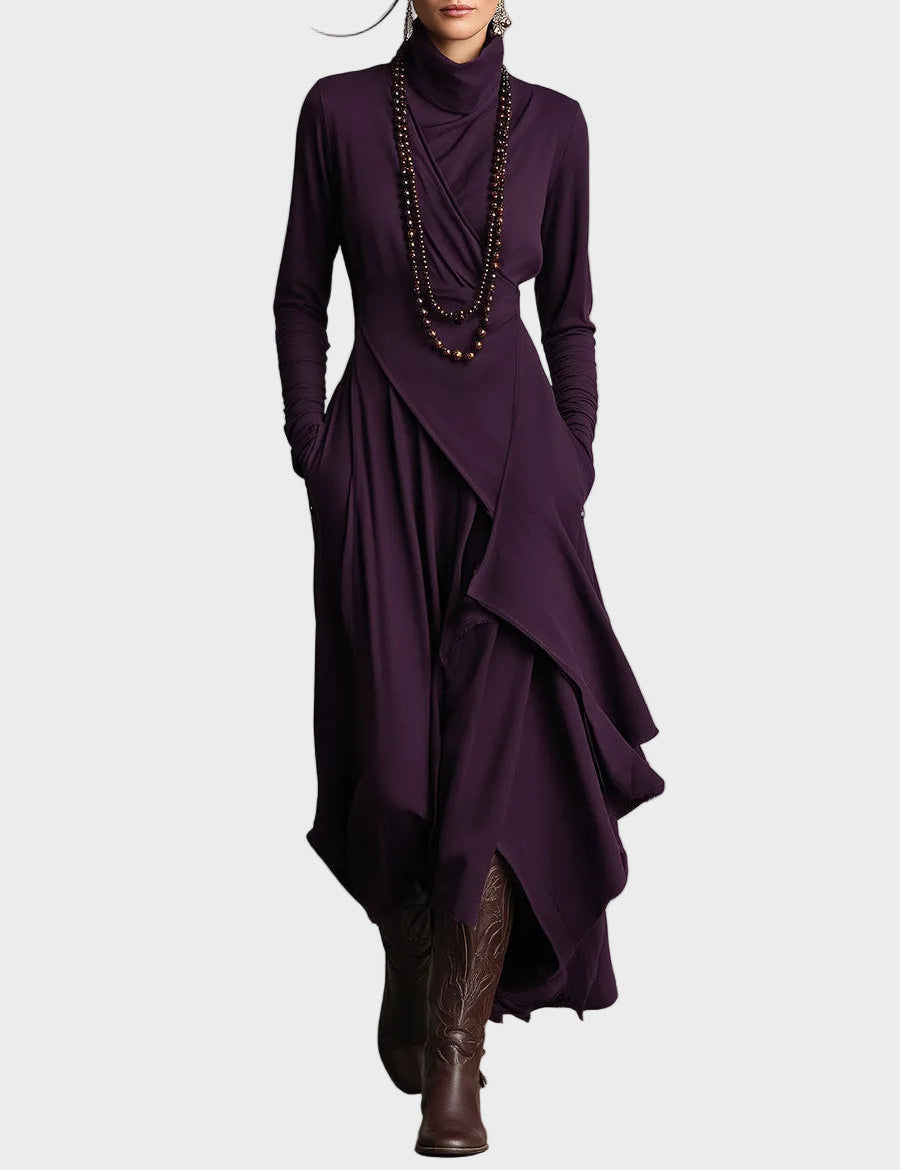 Abito Maxi Asimmetrico in Maglia con Collo Alto - Teresa di Amora Moda
