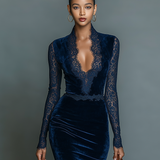 Beatrice - Abito Midi in Velluto Blu Notte con Scollo a V e Pizzo