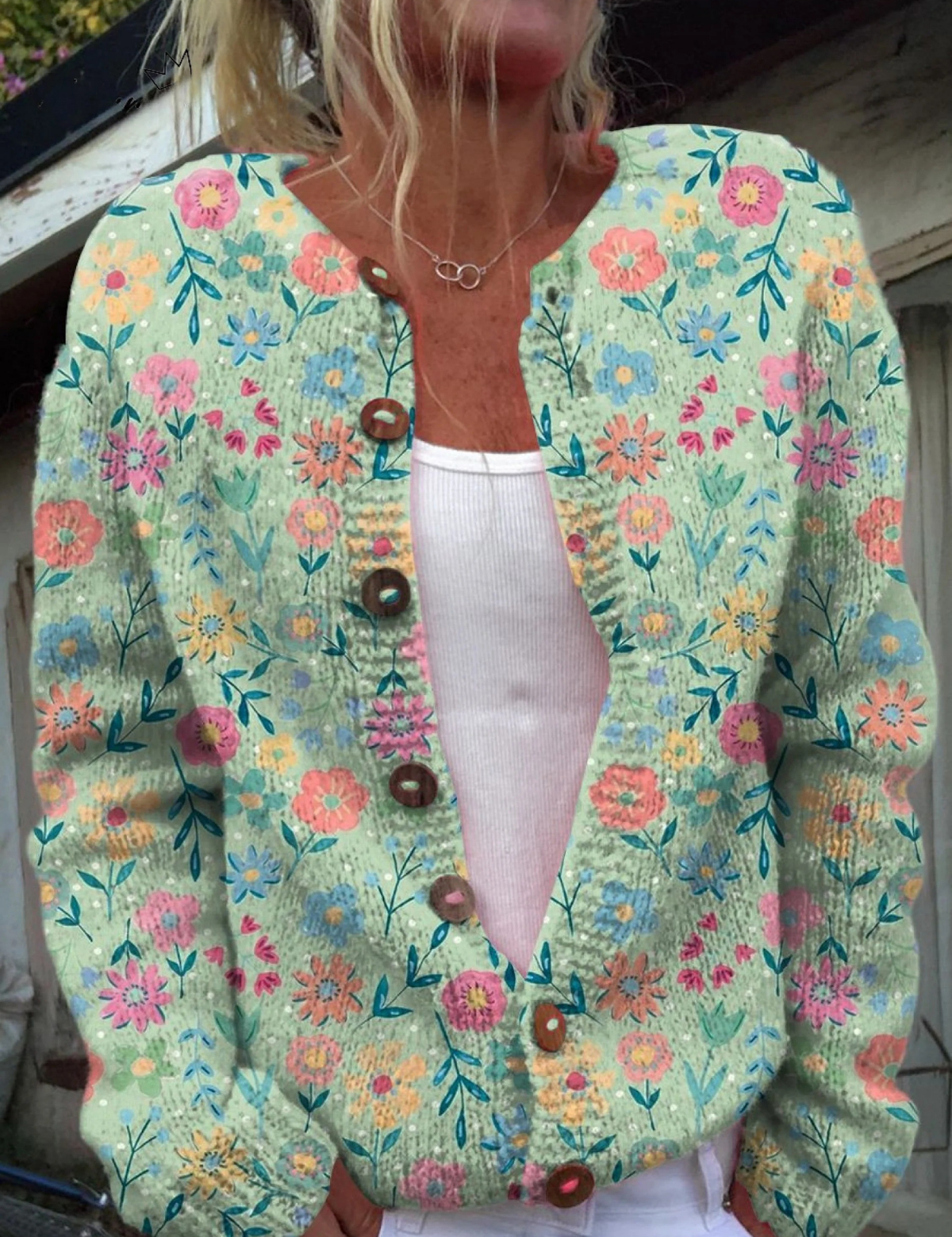 Cardigan Verde Menta con Fiori Colorati - Claudia di Amora Moda