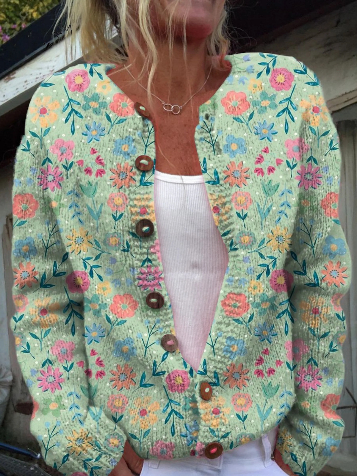 Cardigan Verde Menta con Fiori Colorati - Claudia di Amora Moda
