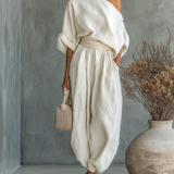 Paola - Insieme Lino Off-Shoulder con Pantalone Tapered
