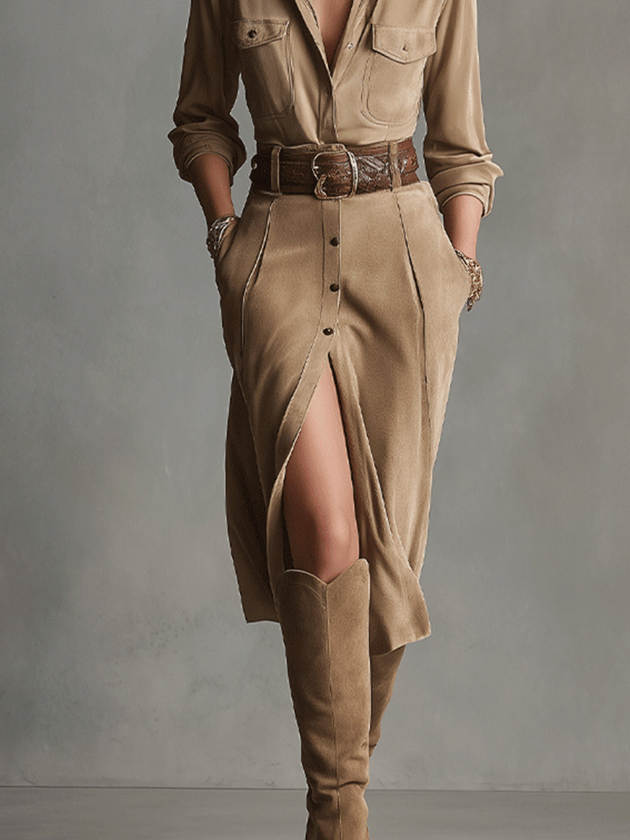 Abito Midi in Camoscio Marrone - Bruna di Amora Moda, foto 3