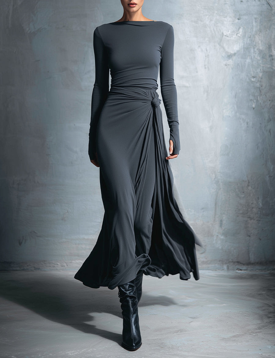 Abito Lungo con Nodo Laterale in grigio - Gabriella di Amora Moda