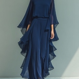 Margherita - Insieme in Chiffon Blu Navy con Maniche a Campana e Volant