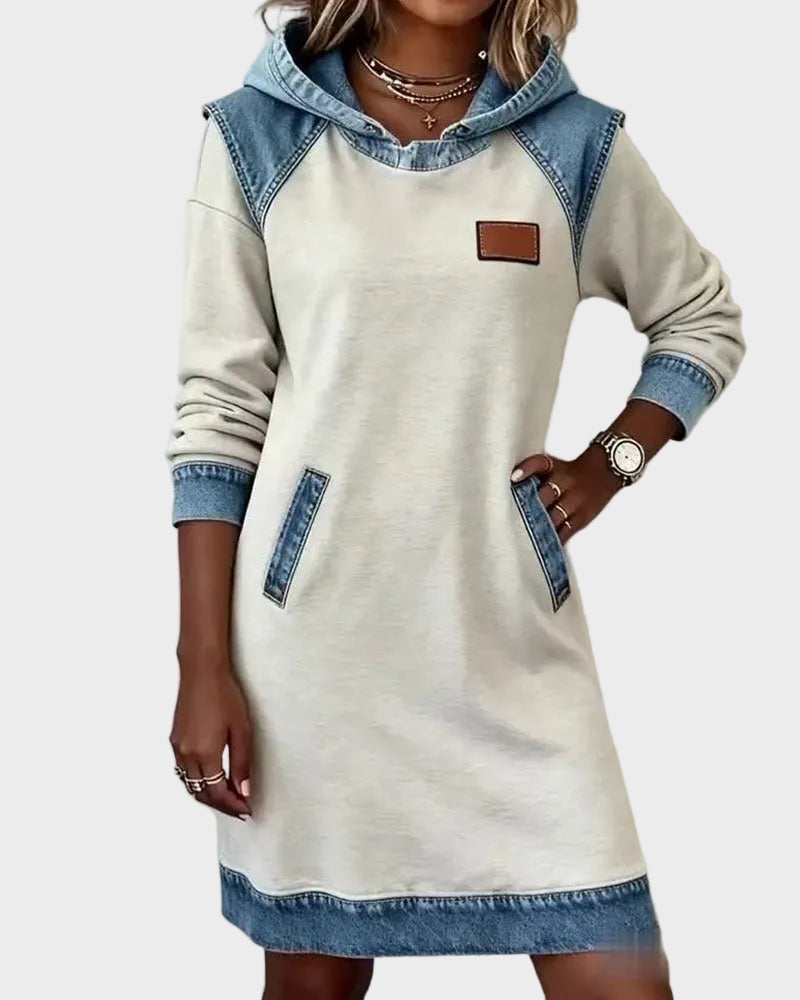 Abito Felpa con Cappuccio Effetto Denim in bianco - Irene di Amora Moda, foto 2