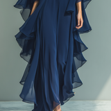 Margherita - Insieme in Chiffon Blu Navy con Maniche a Campana e Volant