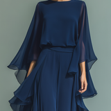 Margherita - Insieme in Chiffon Blu Navy con Maniche a Campana e Volant