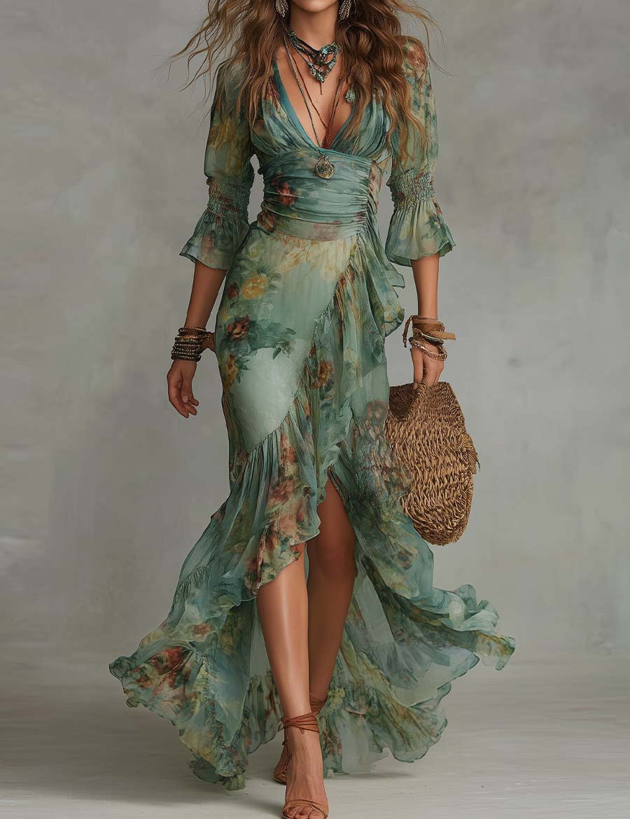 Abito Maxi Floreale con Orlo Asimmetrico in verde salvia - Aurora di Amora Moda