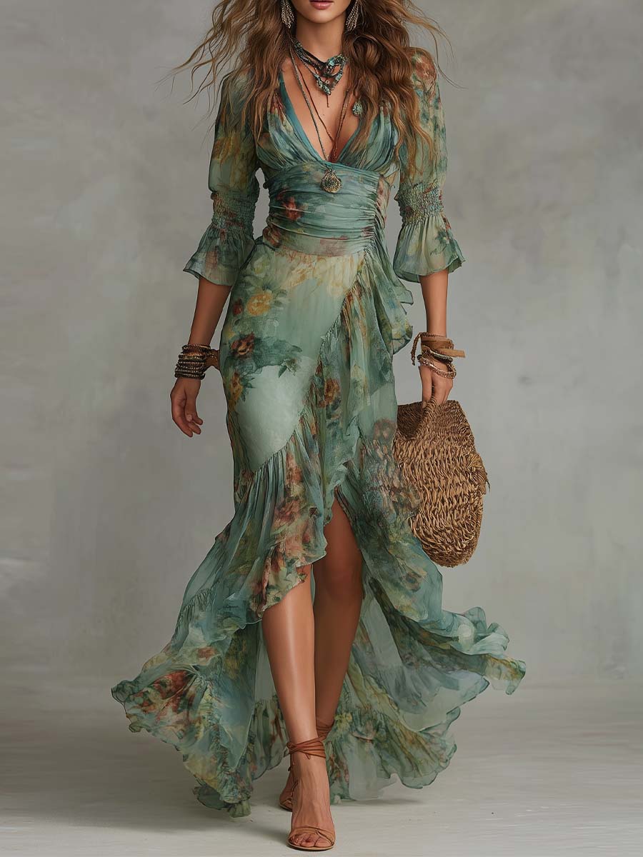 Abito Maxi Floreale con Orlo Asimmetrico in verde salvia - Aurora di Amora Moda