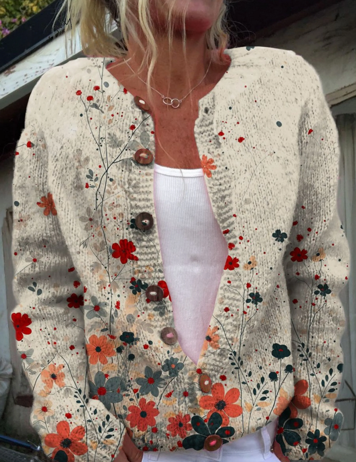 Cardigan Color Crema con Fiori di Campo - Sabrina di Amora Moda