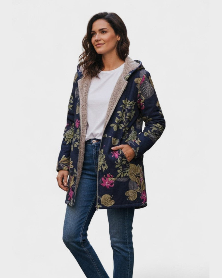 Cappotto Blu Marino con Motivo Floreale - Aurora di Amora Moda