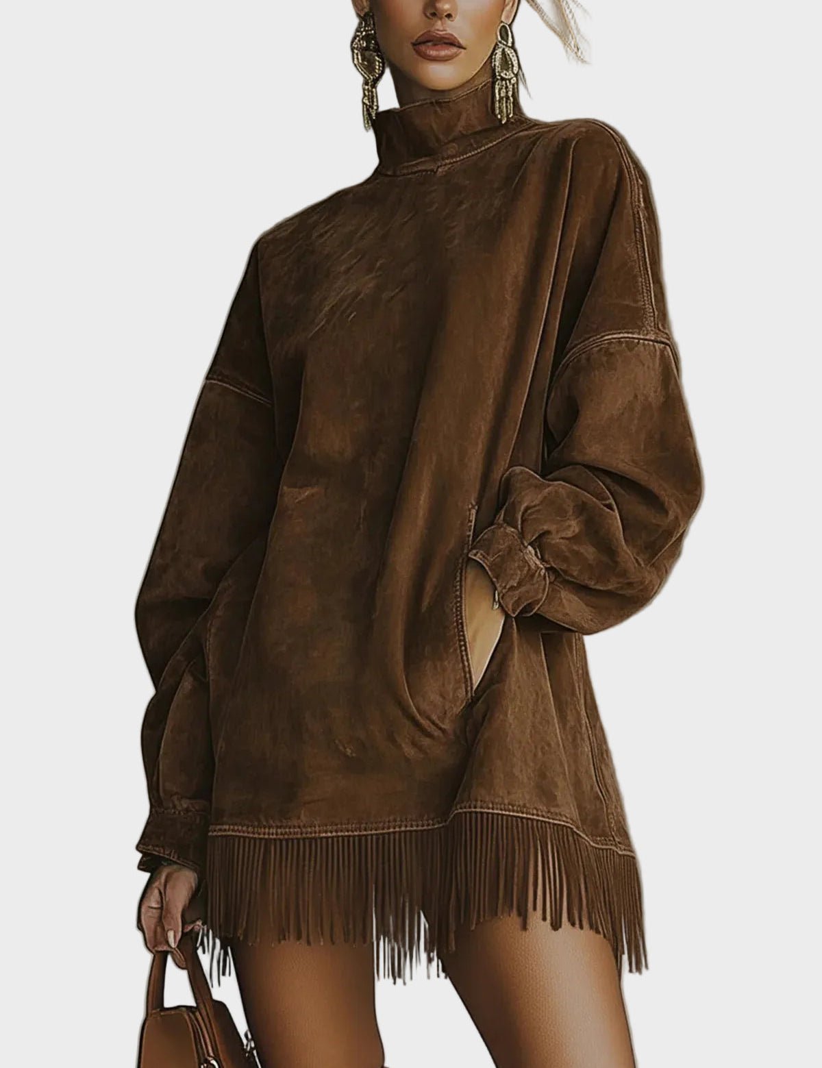 Abito in Scamosciato con Collo Alto e Frange - Fiamma di Amora Moda, foto 2