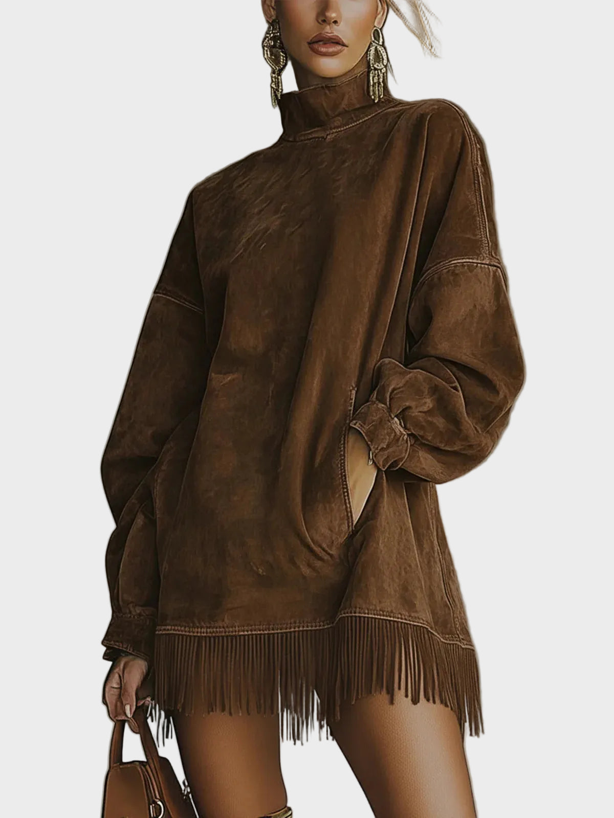 Abito in Scamosciato con Collo Alto e Frange - Fiamma di Amora Moda, foto 2